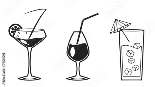 Simple black-and-white beverage icons showing cocktail glasses, wine glasses, and tumblers in silhouette.