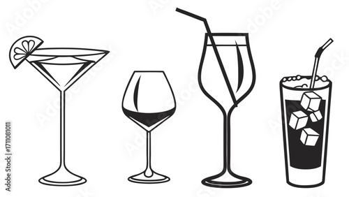 Simple black-and-white beverage icons showing cocktail glasses, wine glasses, and tumblers in silhouette.