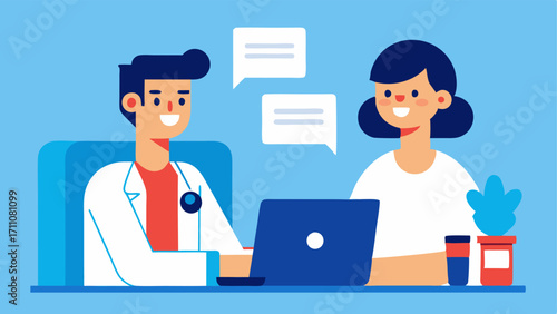 Doctors Consultation A friendly doctor sitting at a desk with a patient discussing personalized health plans using charts and medical reports emphasizing the consultative aspect.