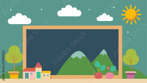 A large chalkboard wall where children can draw and write their own stories and ideas.