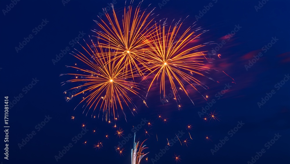 Fototapeta premium Golden Fireworks against deep blue night celebration background