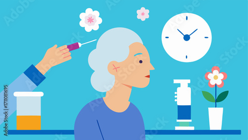 AntiAging Treatment A middleaged patient receiving a stem cell injection in their face while seated in a modern clinic. A clock and flowers on the table symbolize rejuvenation and