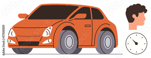 Orange car in simple style accompanied by human profile and clock to emphasize time, speed, and reliability. Ideal for transport, travel, timing, punctuality, efficiency, performance car industry