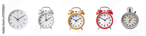 Collection of five vintage alarm clocks and pocket watch isolated on transparent background