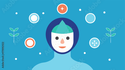 Facial Mask Treatment An illustration of a person wearing a facial mask with symbols representing cellular rejuvenation hydration and vitality surrounding them.