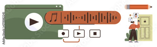 Multimedia interface with play button, sound wave, and media controls. User at door solving puzzles. Ideal for audio editing, streaming, podcasting, entertainment, user interaction problem-solving