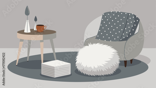 A mix of textures such as a faux fur throw blanket a woven pouf and a smooth concrete side table giving the space a cozy yet eclectic feel.