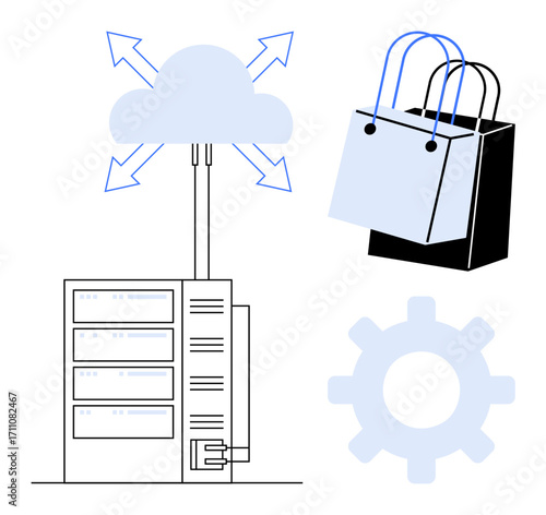 Cloud connections from data servers, shopping bags, and gear indicating e-commerce and technology integration. Ideal for e-commerce, cloud computing, technology operations, online shopping, digital