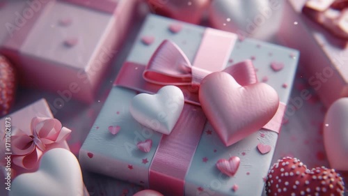 Assortment of presents with heart designs and pink wrappings, perfect for romantic celebrations.