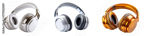Three modern headphones in different metallic finishes isolated on transparent background