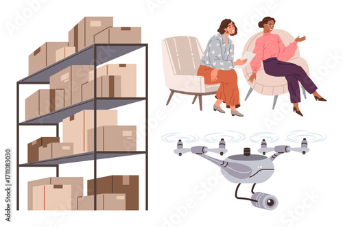 Warehouse shelves filled with packages, two women in discussion, and a delivery quadcopter. Ideal for technology, logistics, teamwork, innovation, supply chain, e-commerce digital transformation