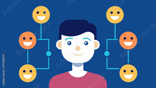 Facial Recognition for Emotion Detection A user interacting with an AI that analyzes video feeds to provide feedback on others emotions illustrated with expressive icons emerging