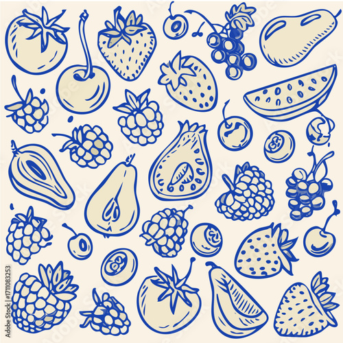 Cute Doodle Vector Set of Assorted Berries — Blue Ink Line Art Strawberries, Blueberries, Raspberries, and Cherries