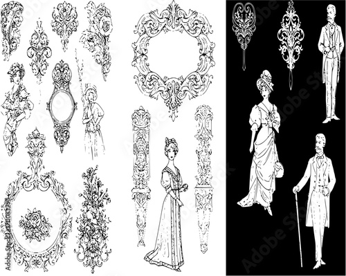 Belle epoque parisian design elements collection: vintage engravings for cards and posters
