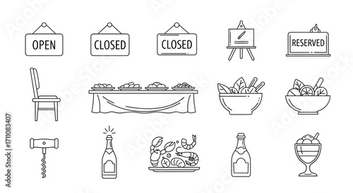 Collection of simple line art icons representing restaurant, catering, and party related items.