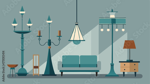 A mix of antique and modern lighting fixtures such as a chandelier and a sleek floor lamp adds a touch of sophistication to the space.