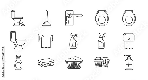Bathroom and household cleaning essentials icon set, featuring toilet, laundry, and hygiene items in a simple line art style