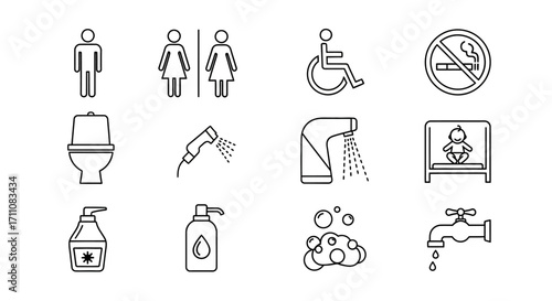 A comprehensive set of thin line vector icons representing public restroom facilities, hygiene, and accessibility symbols for universal design
