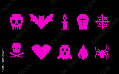 Y2K pixel icons in bright magenta on black. Two rows of 8-bit symbols: skull, bat, candle, tombstone, star emblem, skull & crossbones, heart, ghost, candle flame, spider.
