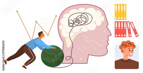 Man untangles yarn linked to brains tangled thoughts, metaphor of problem-solving, mental clarity, and organization. Ideal for complexity, focus, psychology, productivity, therapy learning simple