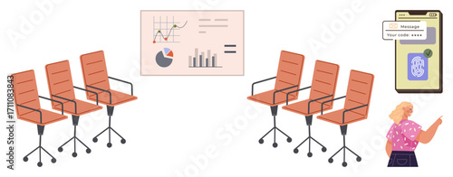 Four orange office chairs, financial performance chart, phone showing notification, and person pointing. Ideal for business, teamwork, communication, organization, data analysis workplace strategy