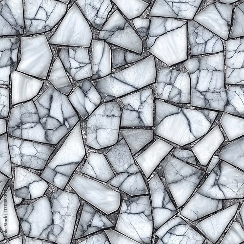 A seamless pattern of shattered marble fragments, featuring a mix of white and dark grey pieces with intricate vein patterns.