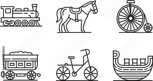 Transportation Icons Set Featuring Train, Horse, Bicycle, and Viking Ship for Historical Design