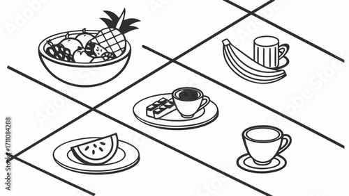 Minimal food icon set in black-and-white: bowls of fruit, simple plates, and cups, arranged evenly in a grid.