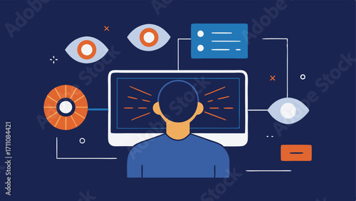 EyeTracking Interface A user sitting in front of a computer with a monitor displaying a grid of icons. Lines are drawn from the users eyes to the icons being focused on indicating