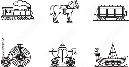 Line Art Icons of Transportation Methods Steam Train Horse Carriage Bicycle Viking Ship and More