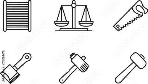 Linear Art Icons Depicting Carpentry and Construction Tools on a Transparent Background Vector Illustration