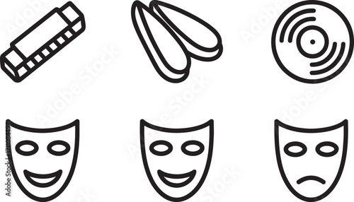 Linear Art Icons Depicting Theater Elements Drama Masks Ballet Shoes and Vinyl Record on Transparent Backdrop