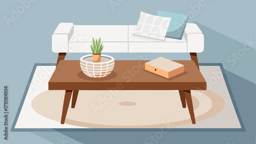 A natural wood coffee table a white rug and a woven basket for storing magazines in a chic and minimalistic living room.