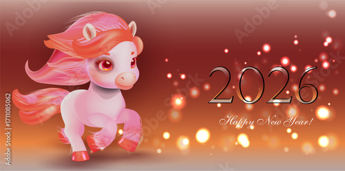 Cute cartoon horse on a sparkling background. The symbol of the year 2026. Banner or card