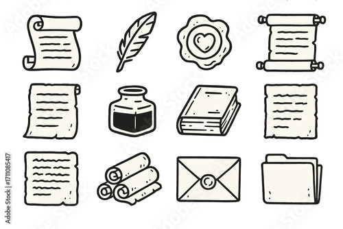 Writing and document linear icon set. featuring scroll, quill, seal, parchment, ink, envelope, folder