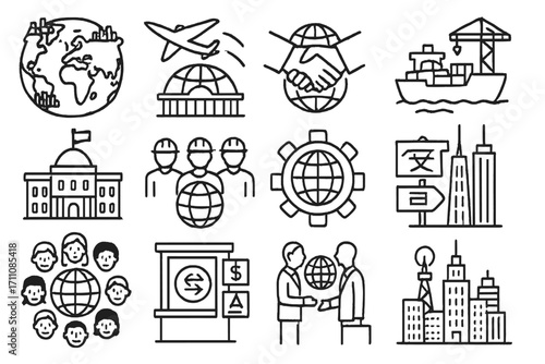 Global trade linear icon set. featuring globe, airplane, handshake, cargo, government, workers, exchange, and signs