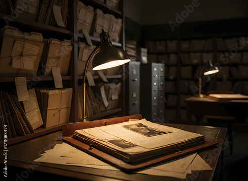Dusty Archive Room with Open File Under Desk Lamp
