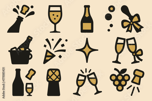 Celebration silhouette icon set. featuring champagne, glasses, bottle, sparkles, grapes, bucket, party, toast, cork, and bubbles