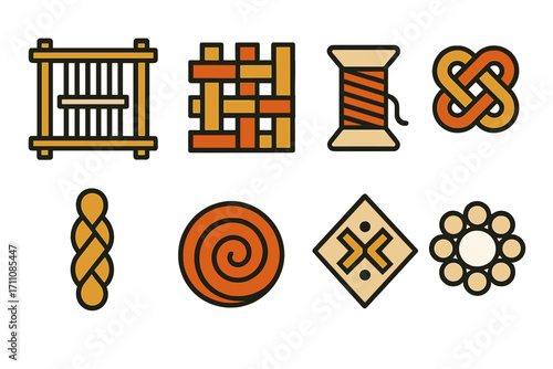 Textile craft flat icon set. featuring weaving, knitting, yarn, spool, fiber, braid, spiral, and embroidery patterns