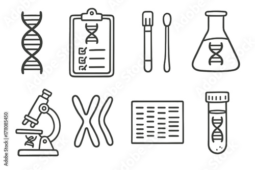 Biology linear icon set. featuring dna, microscope, chromosome, test tube, beaker, swab, chart