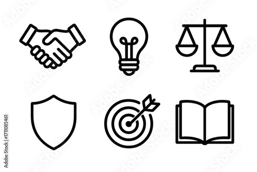 Business and education silhouette icon set. featuring handshake, lightbulb, scales, shield, target, and book icons