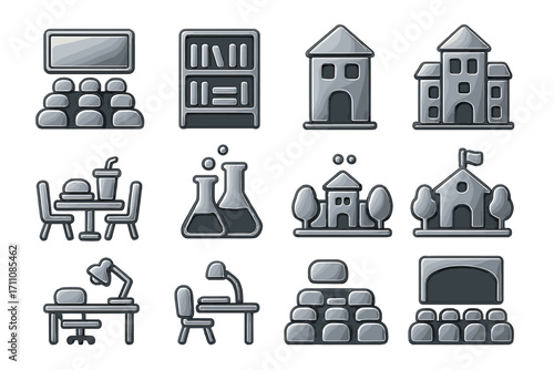 Education silhouette icons set. featuring classroom, library, house, school, cafeteria, experiments, lecture, study