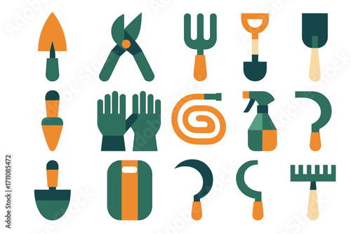Gardening tools flat icon set. featuring trowel, shears, fork, gloves, hose, spray bottle, shovel, rake