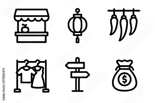 Market and shopping linear icon set. featuring stall, lantern, chilis, clothing, signpost, money bag