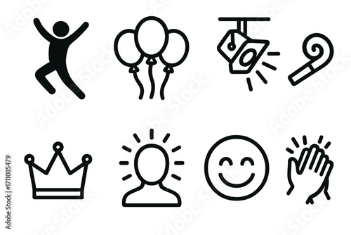 Celebration silhouette icon set. featuring dance, balloons, confetti, noisemaker, crown, face, smile, applause symbols