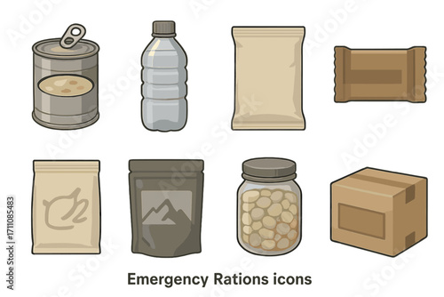 Emergency rations flat icon set. featuring soup, water, pouch, bars, coffee, freeze-dried, beans, and box symbols