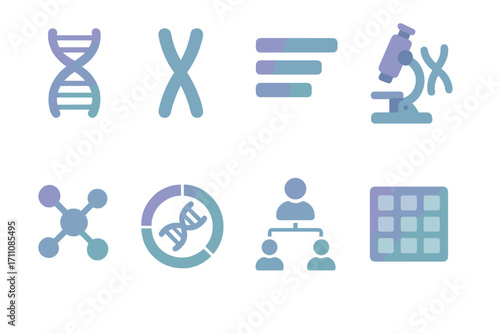 Biotechnology flat icon set. featuring dna, chromosome, microscope, molecular structure, and laboratory grid icons