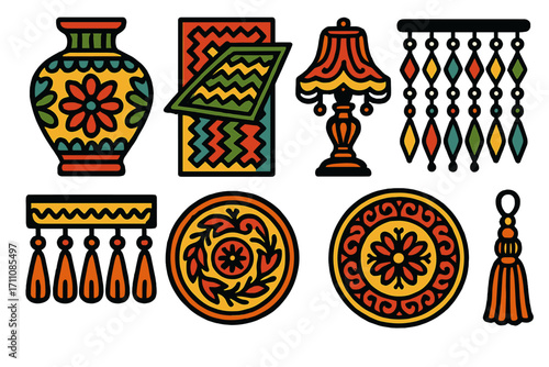 Home decor linear icon set. featuring vase, rug, lamp, beads, wall hanging, and tassel symbols