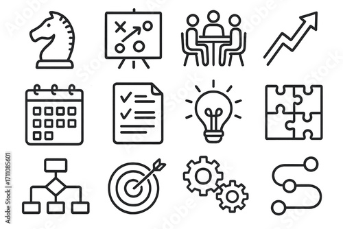 Business planning linear icon set. featuring chess knight, presentation, meeting, growth, calendar, checklist, idea