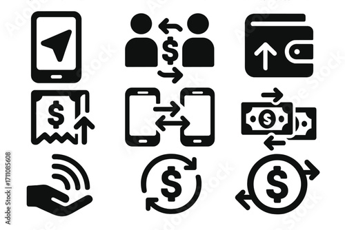 Finance silhouette icon set. featuring mobile banking, transaction, wallet, payment, and currency exchange symbols
